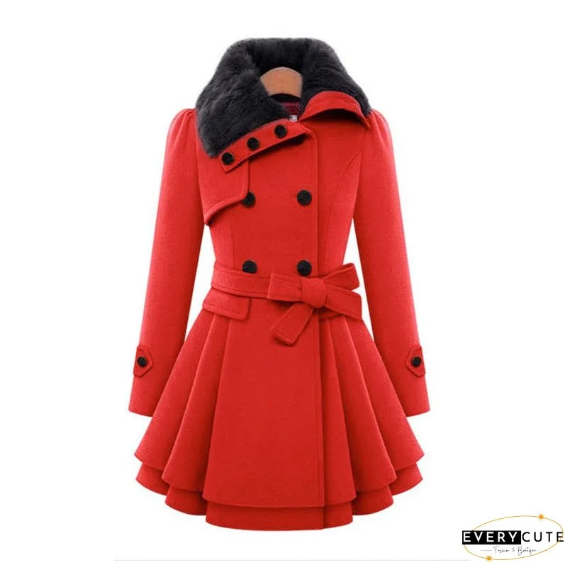 Women's Mid-length Woolen Double-breasted Padded Fur Collar Coats