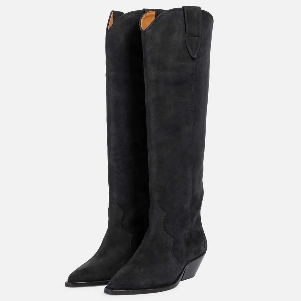 Black Faux Suede Sophisticated Wide Calf Knee High Cowgirl Boots with Block Heels Nicepairs