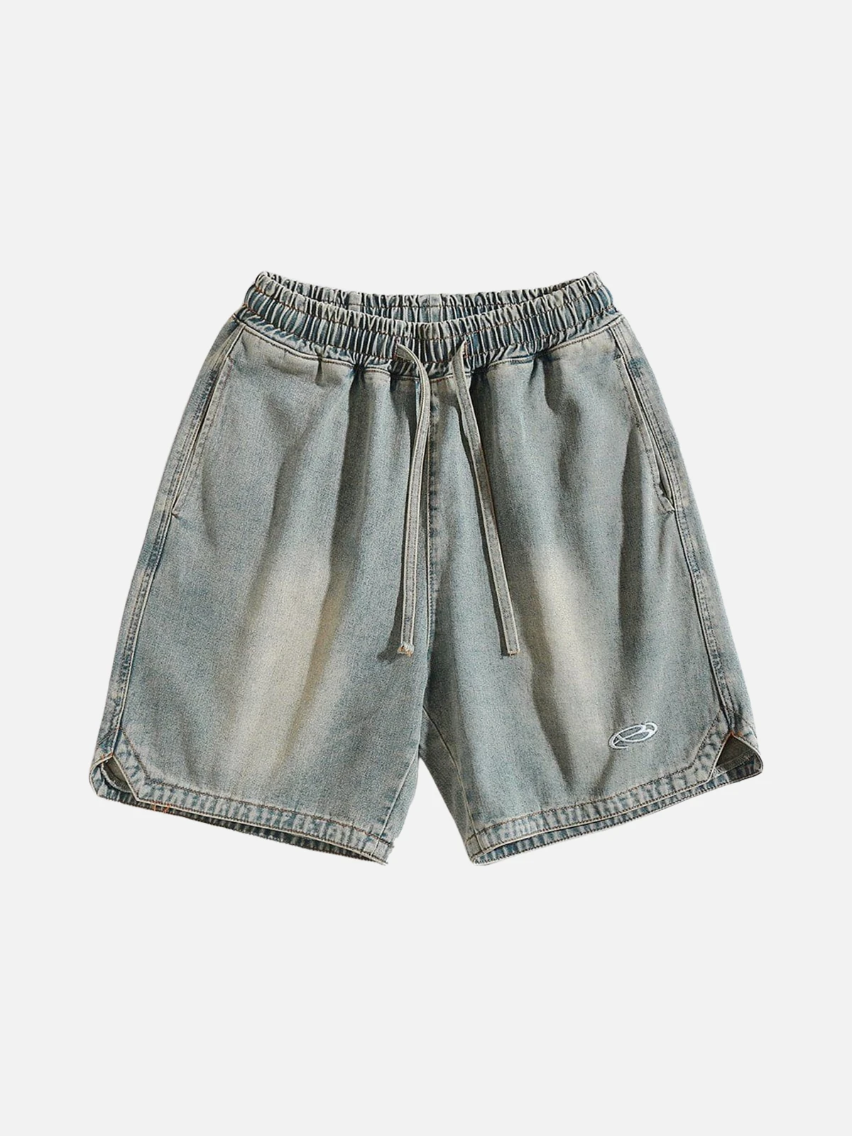 Blue Washed Embroidery Drawstring Cargo Jorts Front