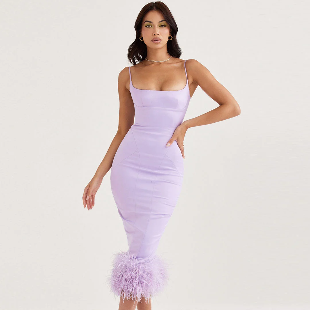 Glossy Satin Square Neck Feather Trimmed Slip Cocktail Midi Dress - Lilac