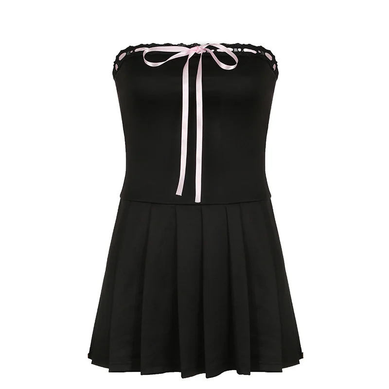 Ueong Design Color Tie Bow To Wipe The Breast Skirt With The Word Collar Waist Show Thin Pleated Skirt Dress Woman
