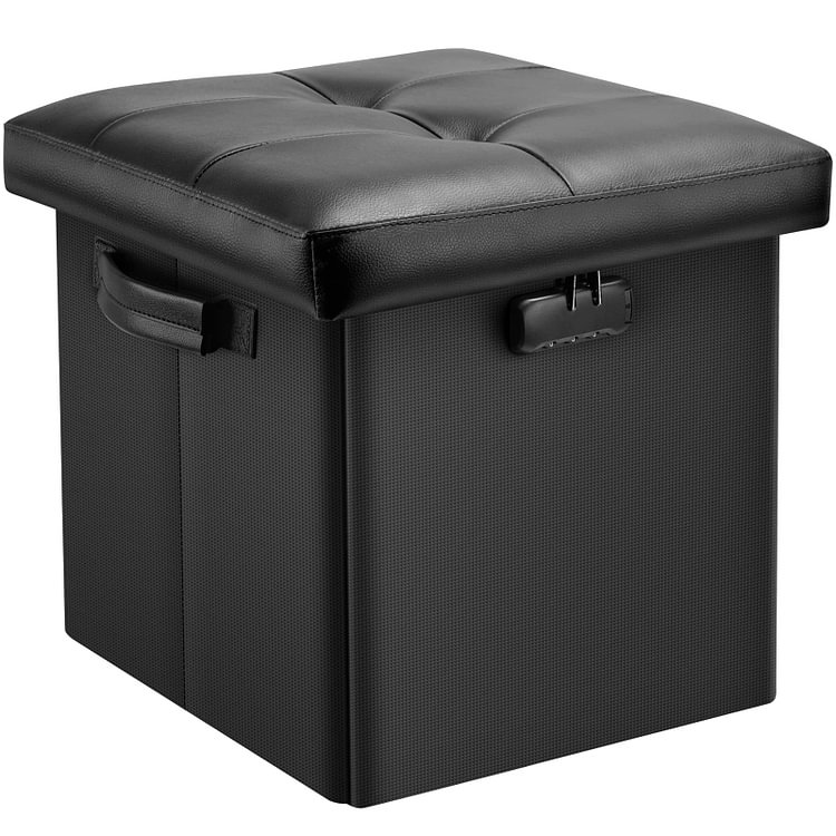 JUNDUN Storage Ottoman with Lock and Handles, Fireproof Waterproof  Folding Ottoman Foot Rest Stool Chest for Important Documents, Black