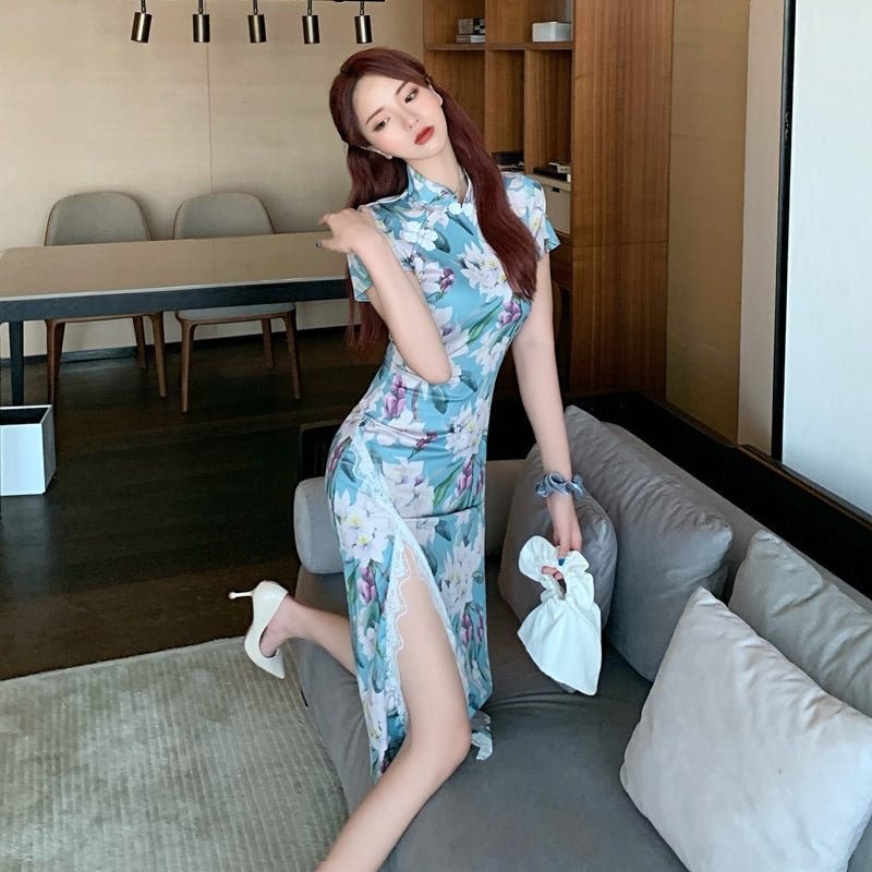 Women's Retro Orchid Printing Slit Lace Long Cheongsam Dress