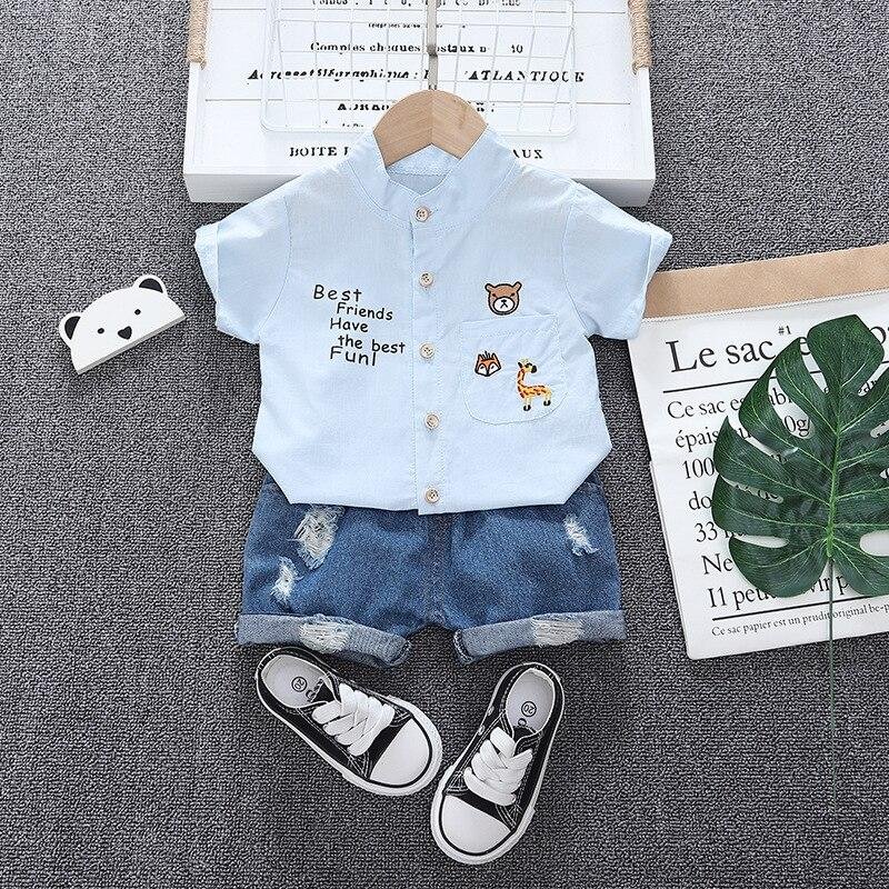 Toddler Summer Short Outfits Fashion Boys Girls Clothing 1 2 3 4 5 Years Kids Shirt + Denim Hole Shorts Baby Daily Clothes