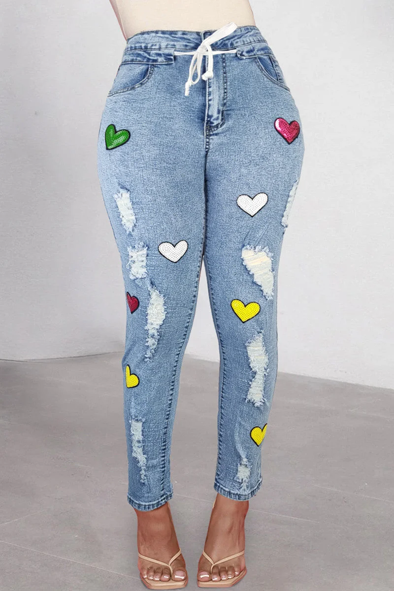 Casual Print Ripped Patchwork High Waist Skinny Denim Jeans
