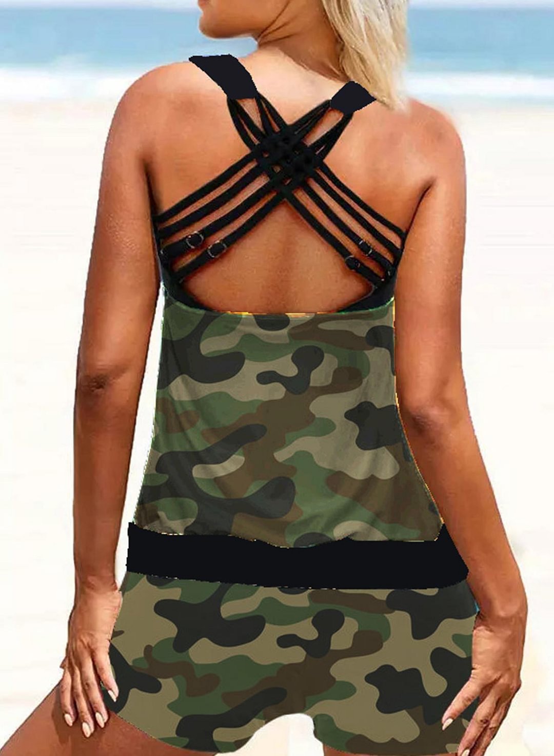 Women's Camouflage Tankini with Boardshorts V Neck Criss Cross Padded Two Piece Swimsuits 