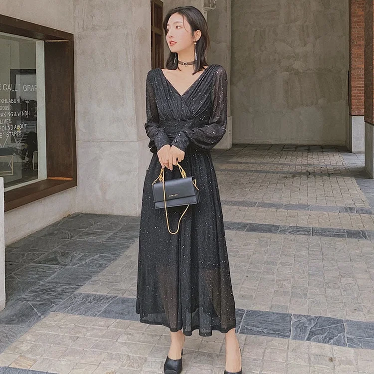 Vintage V Neck Long Maxi Dresses Women 2022 Solid High Waist Puff Sleeve Elegant Dress Sequin Party Dress Sexy Robe Femme 13019