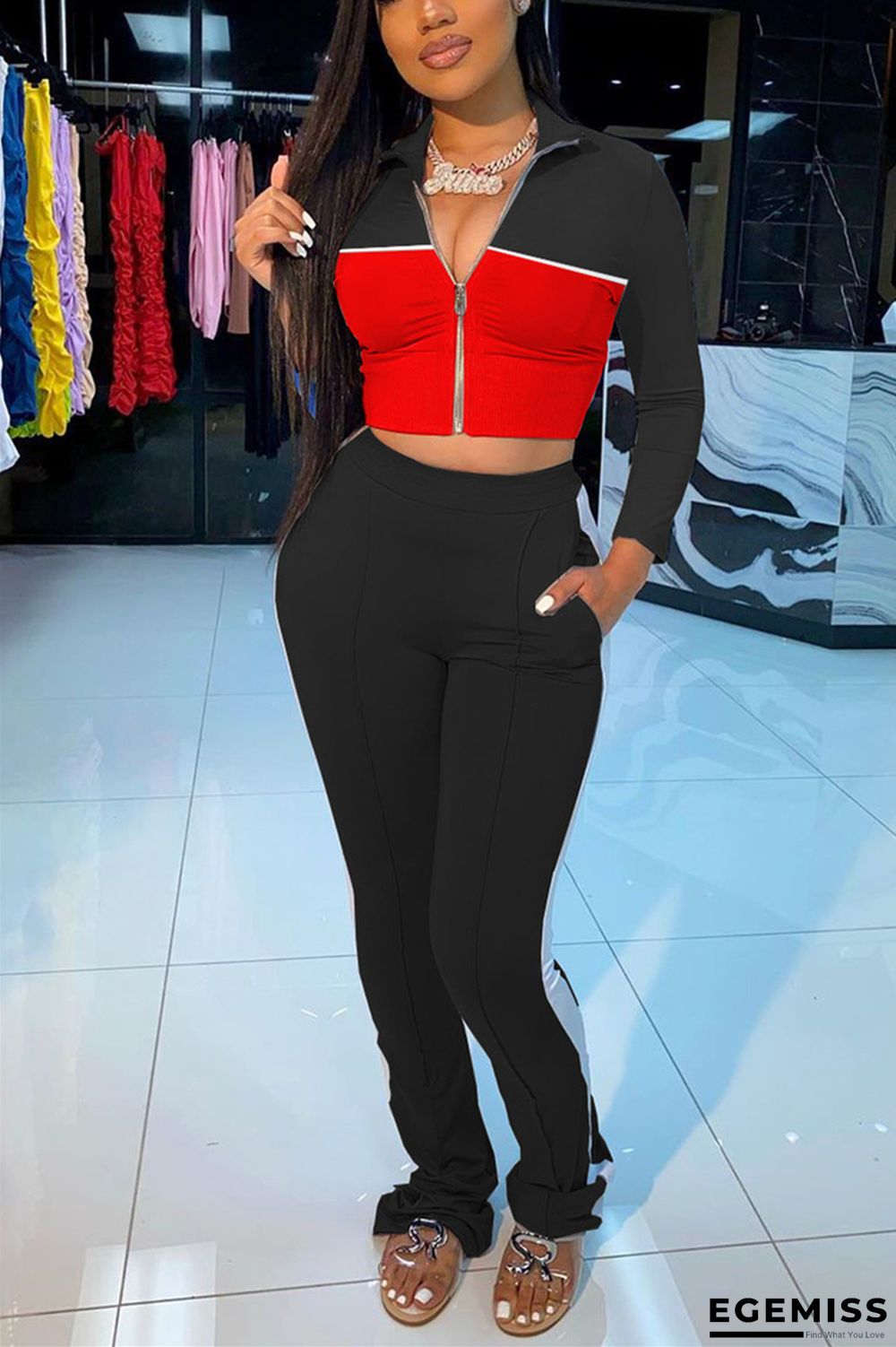Black Fashion Casual Long Sleeve Turndown Collar Regular Sleeve Short Patchwork Two Pieces | EGEMISS