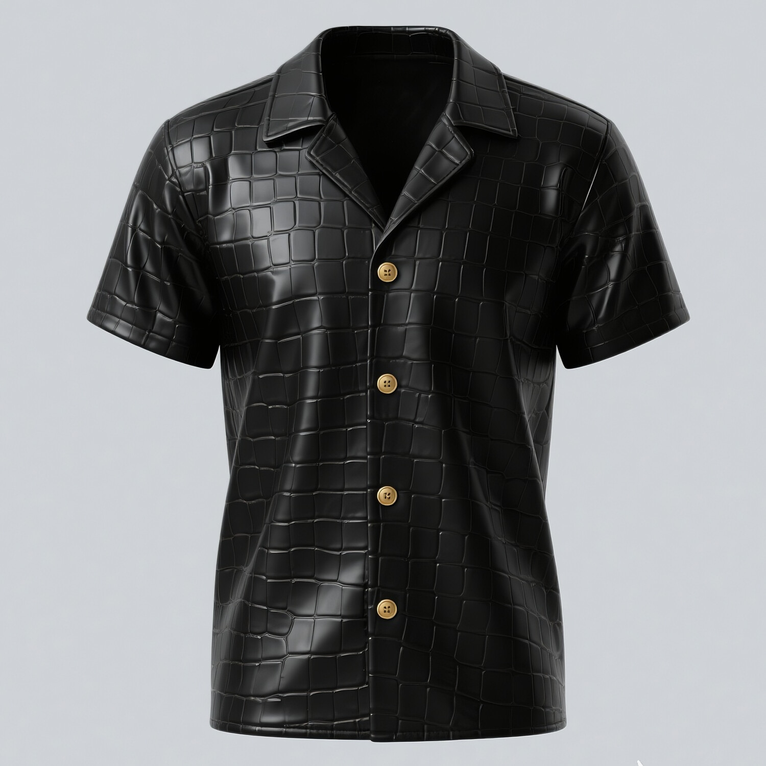 Men's Camp Collar Short Sleeve Single Breasted Crocodile Pattern PU Leather Shirt