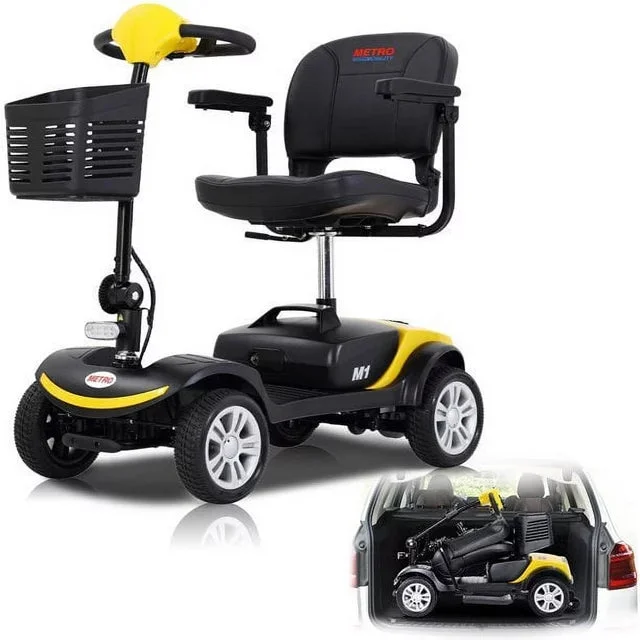 Outdoor Compact Travel Mobility Scooter with Front & Rear Light, Foldable Electric Powered Mobility Scooters for Seniors, 300lb Max Weight Capacity, Yellow
