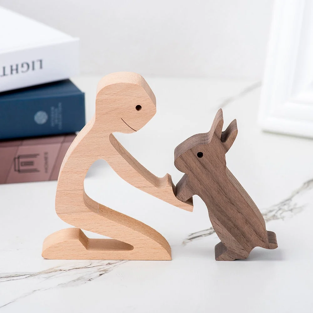 Family Puppy Wood Dog Craft Figurine Desktop Table Ornament Carving Model Creative Home Office Decoration Love Pet Sculpture