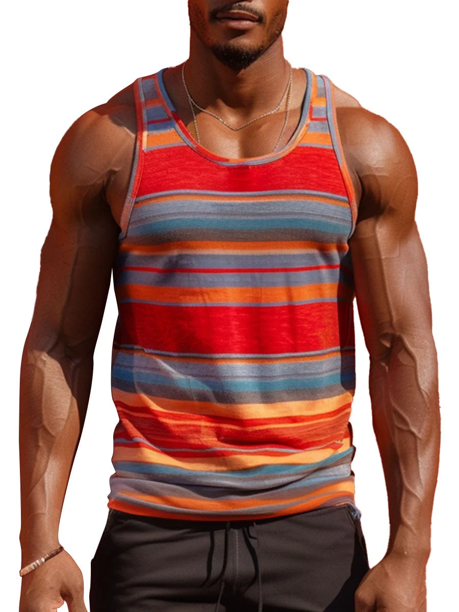 Men's Colorful Striped Print Casual Round Neck Tank