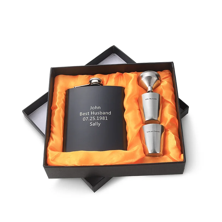 Personalized Black Hip Flask Gift Set Wedding Gift for Groomsmen