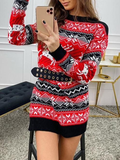 Women's Scoop Neck Knitted Long Sleeved Mini Dress