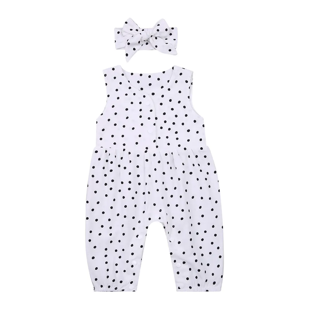 2021 Baby Summer Clothing Infant Sleeveless Jumpsuit + Bow Headband, Polka Dot Print Romper Outfits (White/Pink)
