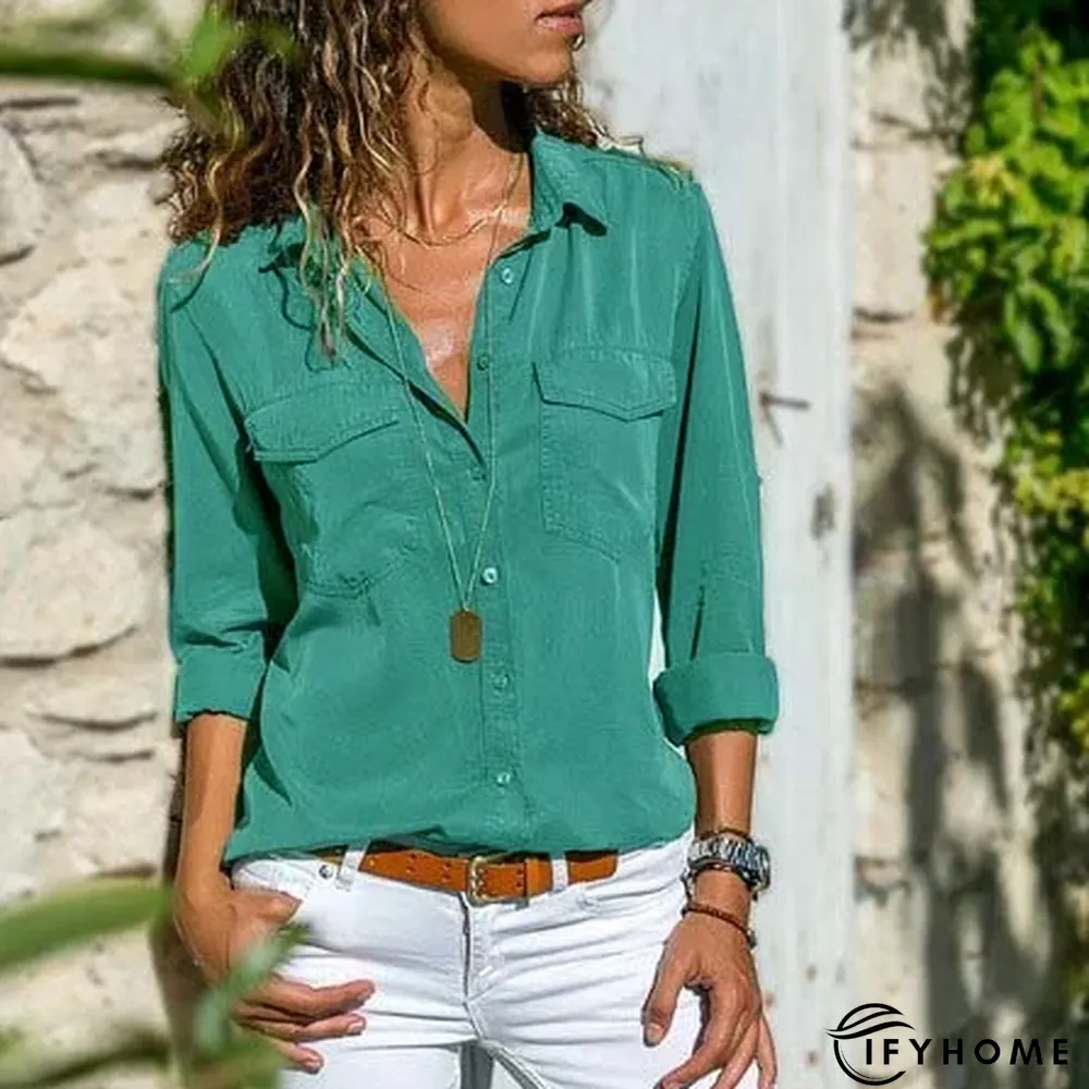 Women Fashion Turn Down Collar Solid  V Neck Long Sleeve Blouse | IFYHOME
