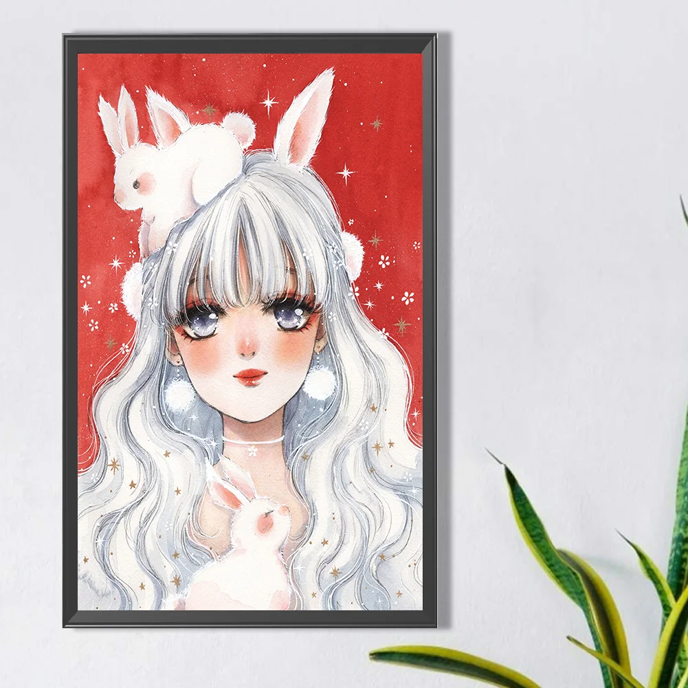 Full Round Diamond Painting 30*50cm - White Hair Bunny Ears Girl