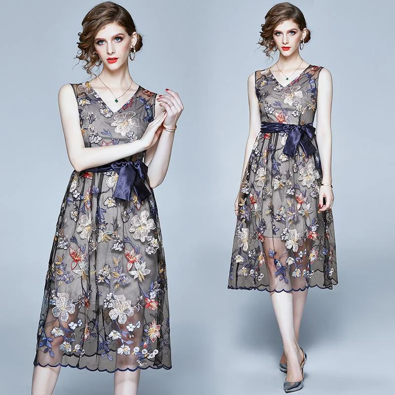 Women's sleeveless flower elegant temperament mesh embroidered belt dress