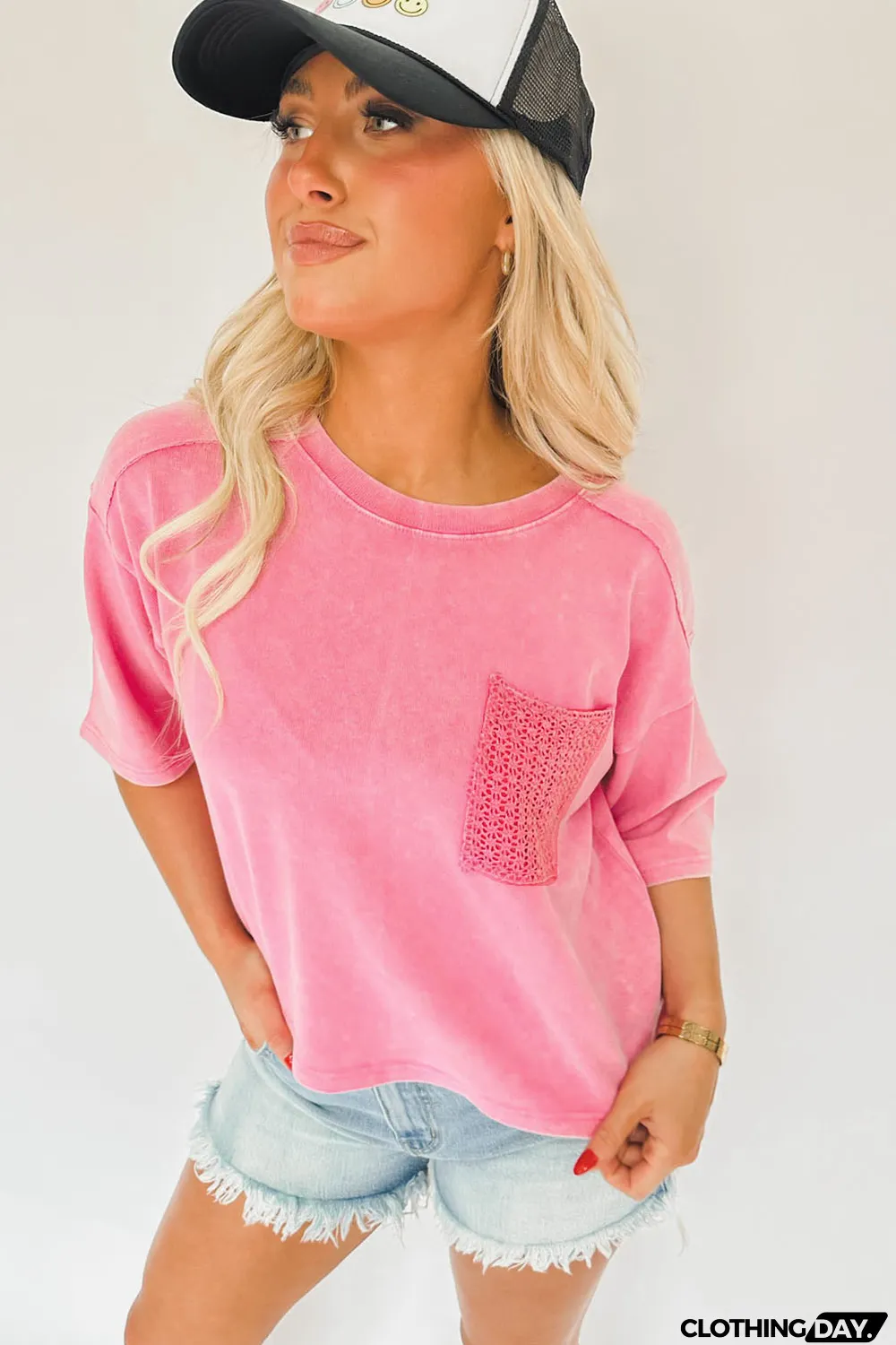 Pink Acid Wash Lace Patch Pocket T-Shirt