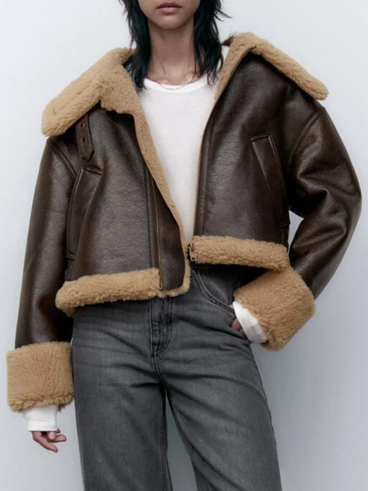 Nncharge New Winter Thick Faux Leather Fur Sheepskin Coat Women Fashion Lapel Zipper Short Pu Jacket Lady Warm Moto Biker Outwear