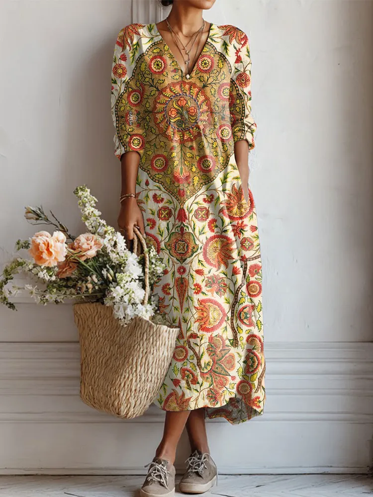 Women's Vintage Flower Art Print Linen Pocket Tunic Dress