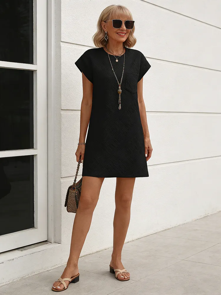 Textured Fabric Casual Sport Crew Neck Pocket Short Sleeve Loose Dress