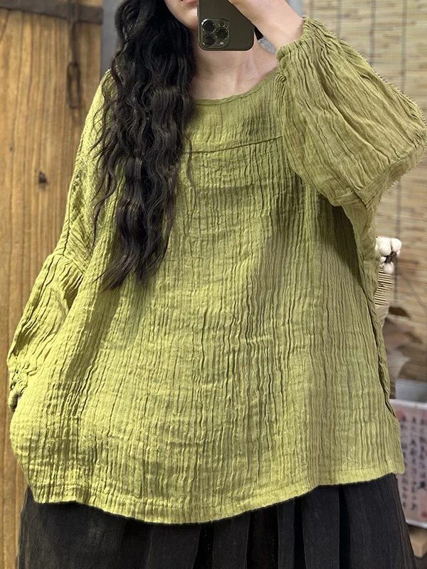 Pleated Solid Color Long Sleeves Loose Round-Neck T-Shirts