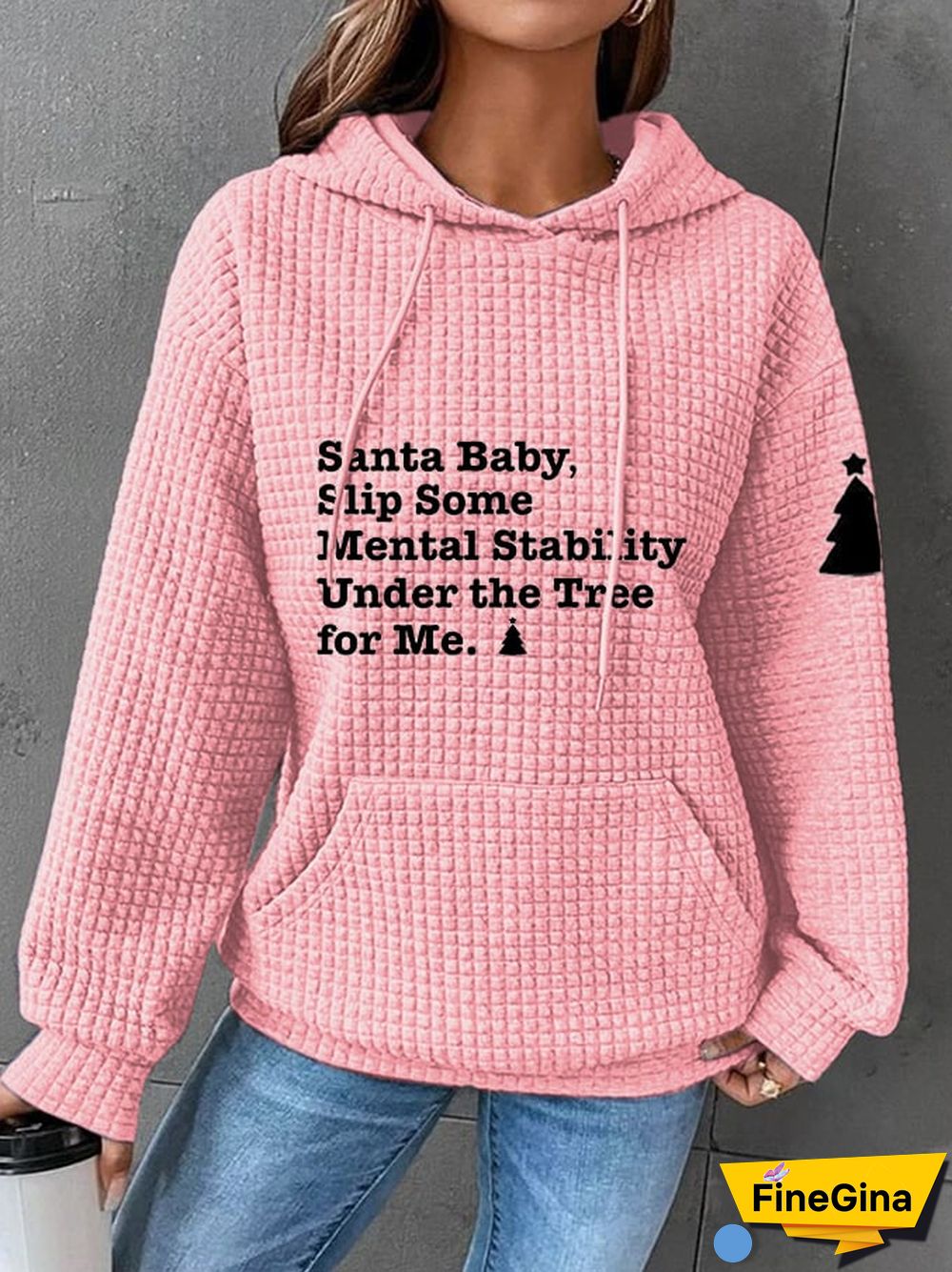 Under The Tree For Health Printed Waffle Hooded Sweatshirt-Womens Christmas Santa Baby