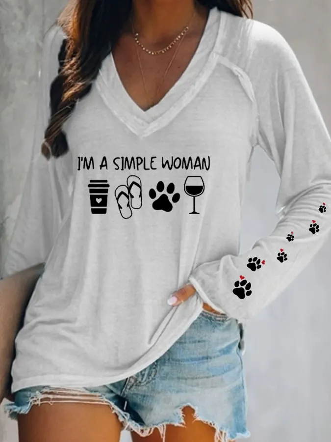 Women's  I'm A Simple Woman Dog Paws Casual Long-Sleeve T-Shirt