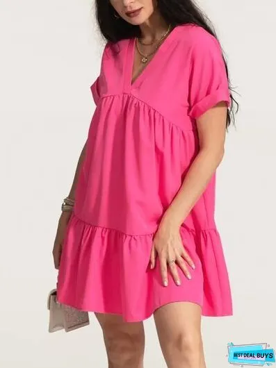 V-Neck Short Sleeve Ruffle Hem Dress
