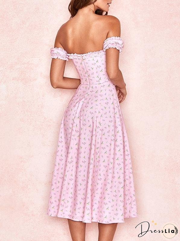 Card Shoulder Printed High Split Midi Dress