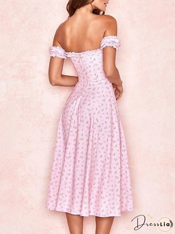 Card Shoulder Printed High Split Midi Dress