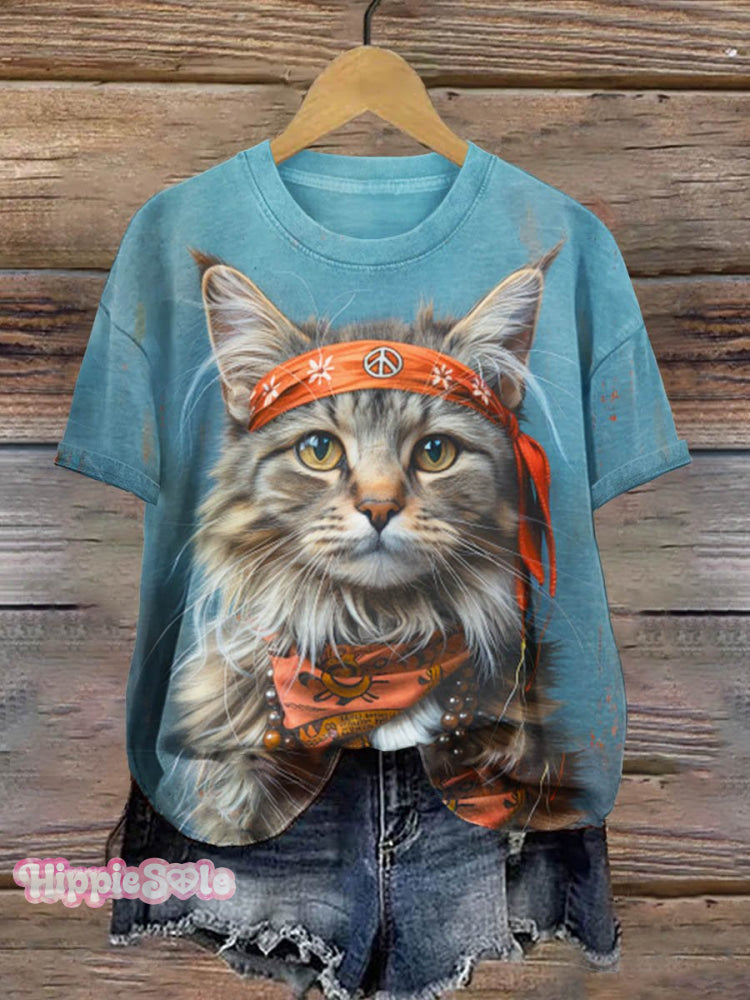 Peace And Love Cat Art Print T-Shirt Muilticolor / S