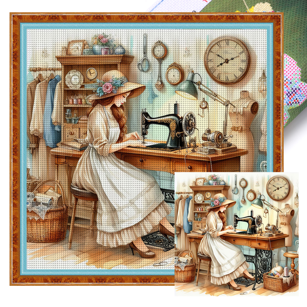 Sewing Woman Full 11CT Pre-stamped Canvas(45*45cm) Cross Stitch