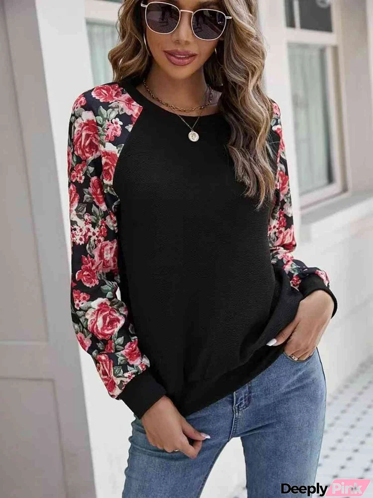 Floral Raglan Sleeve Round Neck Sweatshirt