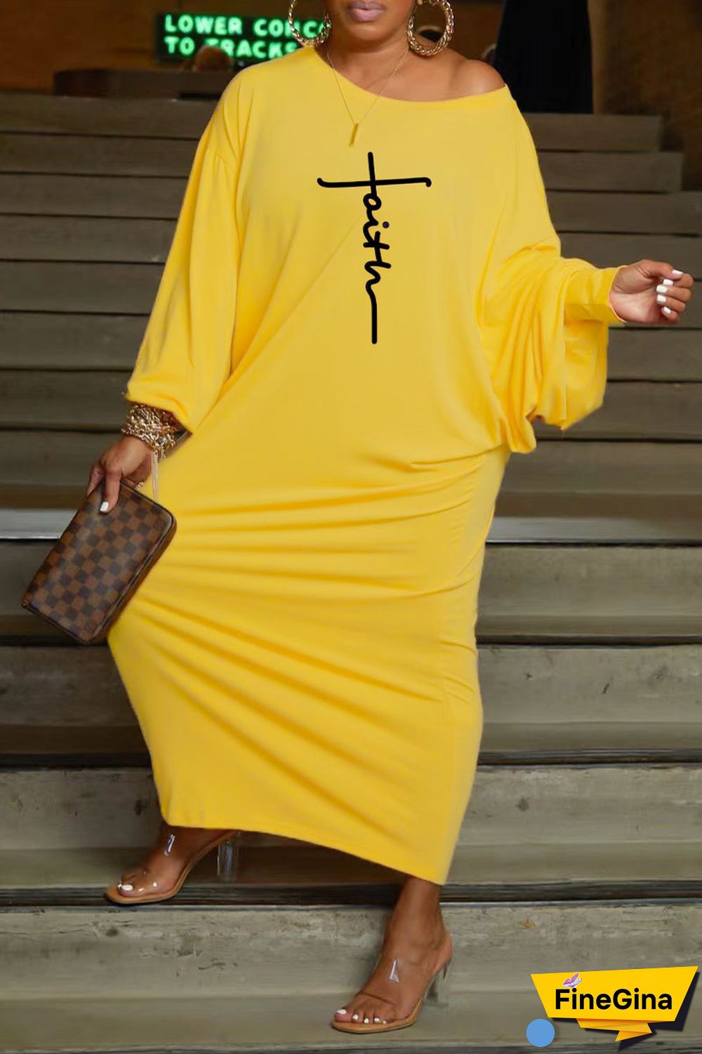 Yellow Casual Print Patchwork Oblique Collar Straight Dresses