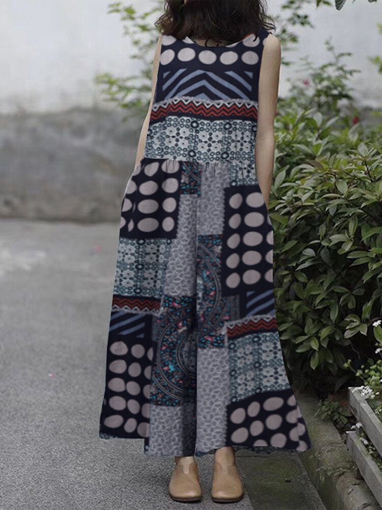 Round Print Patchwork Sleeveless Wide Leg Casual Cotton Jumpsuit