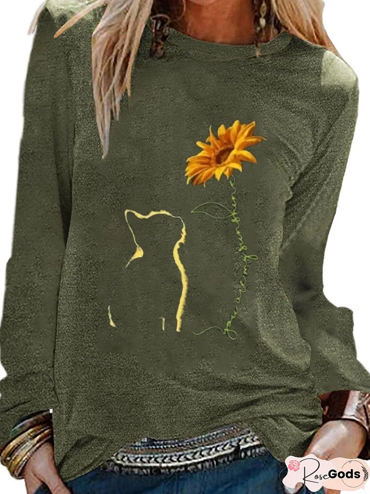 Cats & Sunflower Print Long Sleeve Top