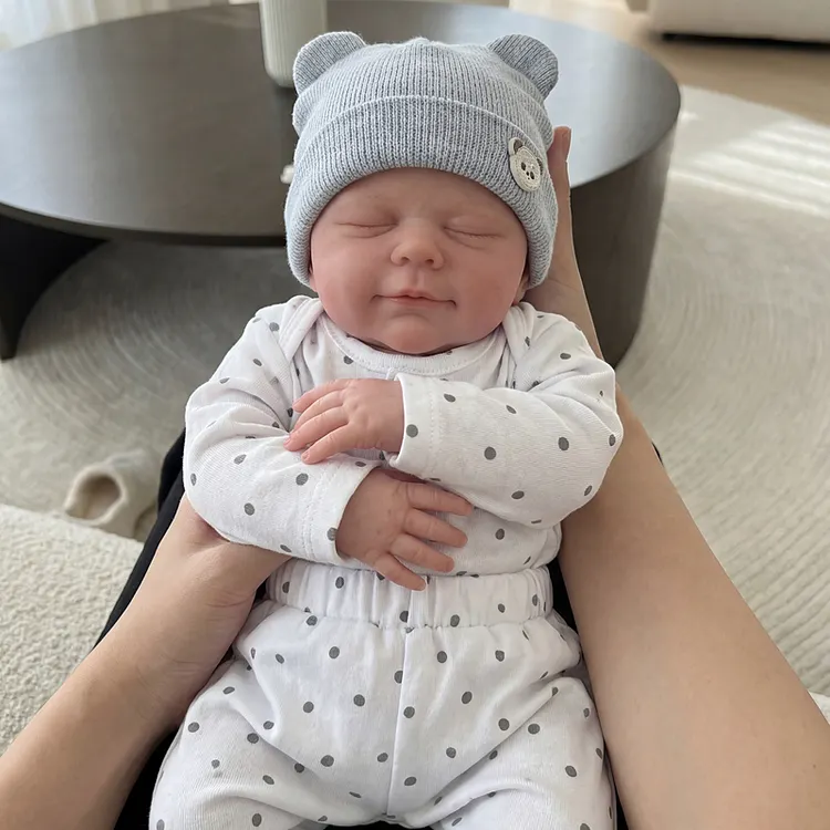 [Pre-Order] Babeside Wren 17" Baby Boy Reborn Doll &ndash; Sleeping Newborn in Gray Bear Hat & Polka Dot Romper