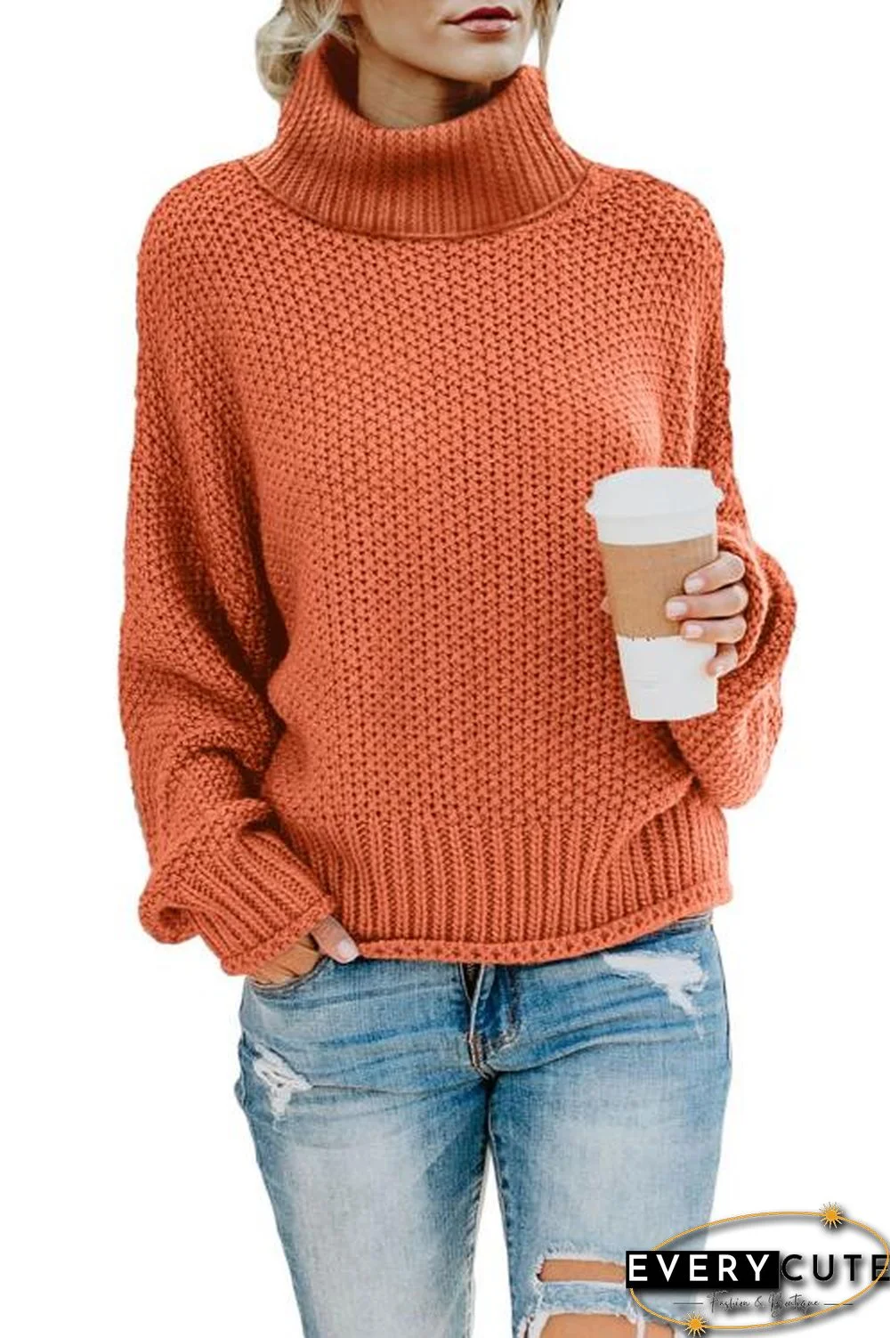 Orange Turtleneck Balloon Long Sleeve Pullover Sweater