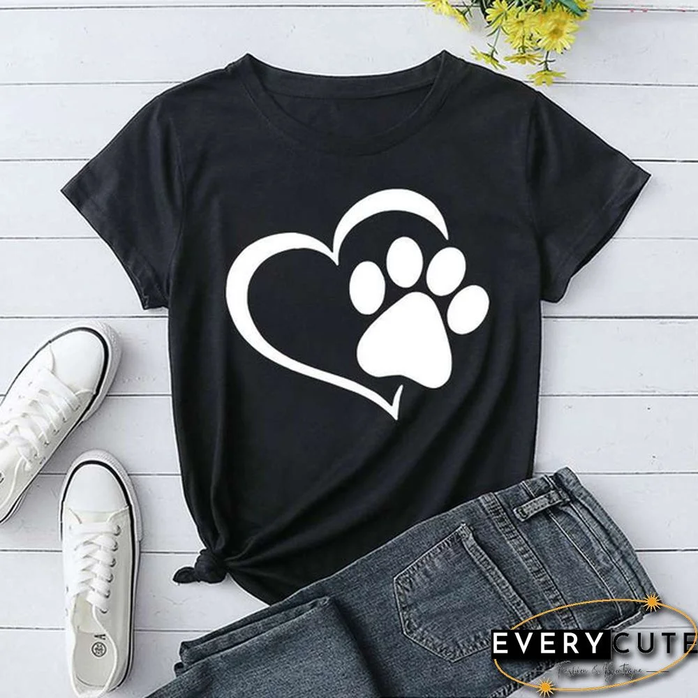 Cute Dog Paw And Heart T-shirts For Women Summer Tee Shirt Femme Casual Short Sleeve Round Neck Tops Unisex T-shirts