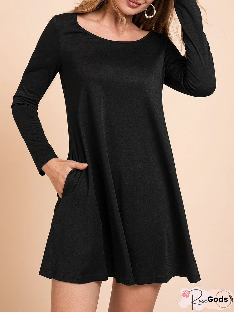 Black Long Sleeve Cotton-Blend Bateau/Boat Neck Knitting Dress