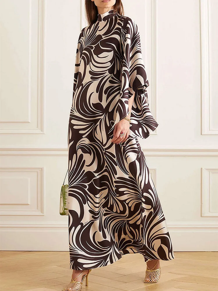 Printed Loose Stand Collar Maxi Dresses