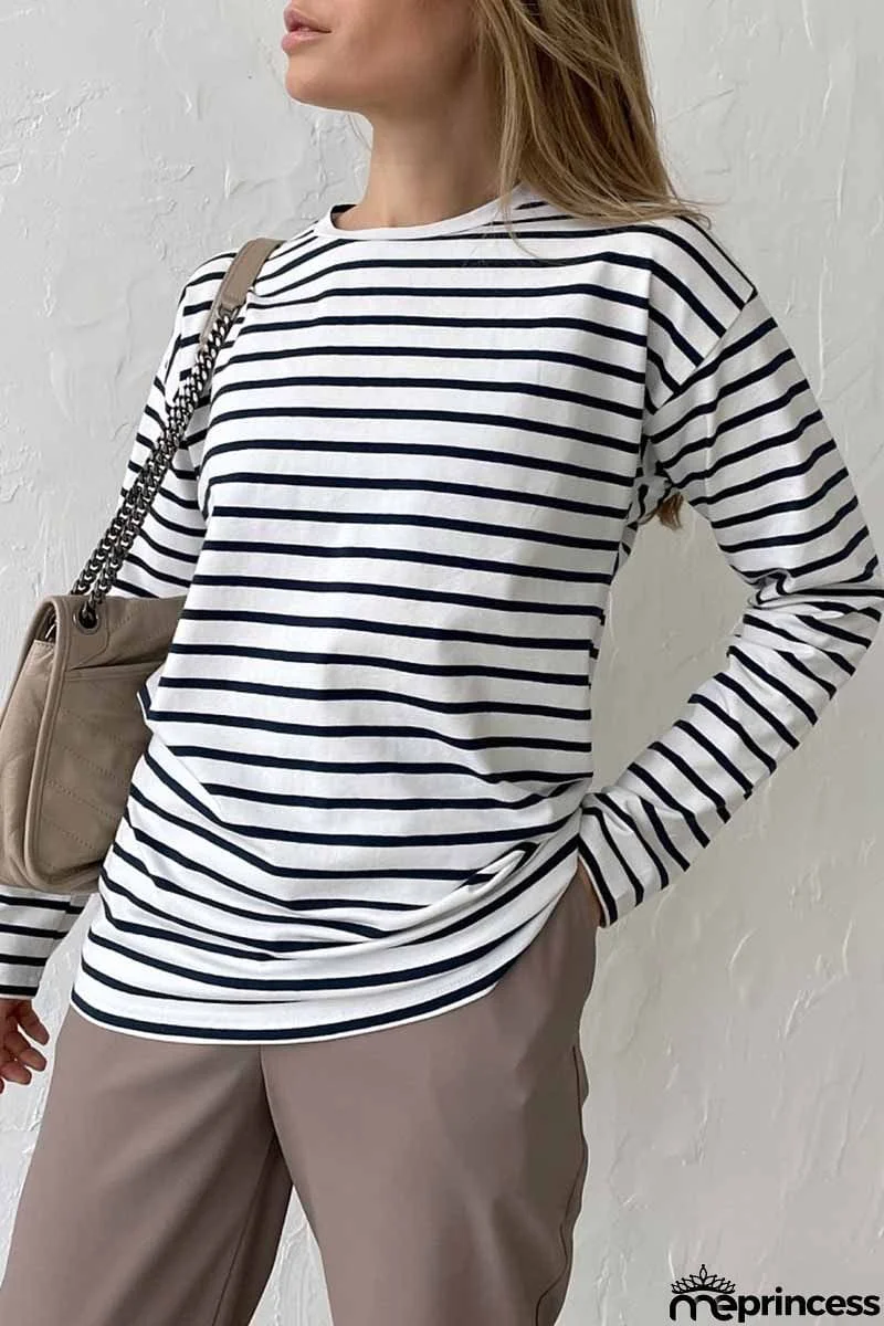 Casual Striped Patchwork O Neck Tops