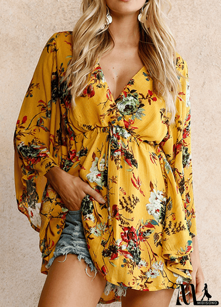 MidiSono - Deep V Neck Floral Print Half Sleeve Romper