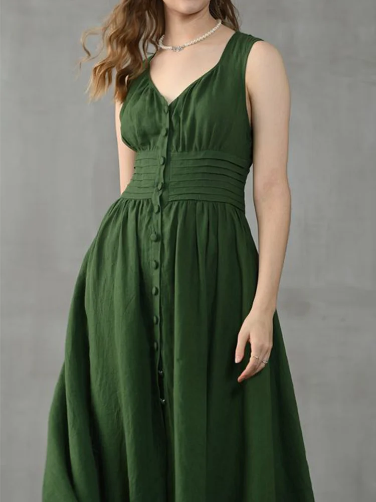 Vintage Button Up Sleeveless Linen Blend Maxi Dress