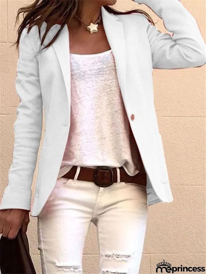 Women Solid Color Notched Collar Long Sleeves Blazer Coat