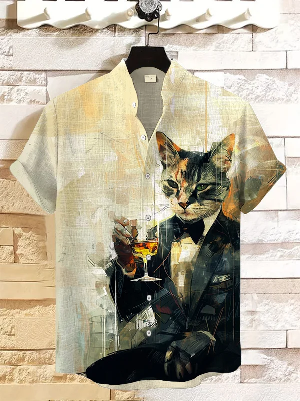 Men's Gentleman Cat in Bar Print Casual Shirt