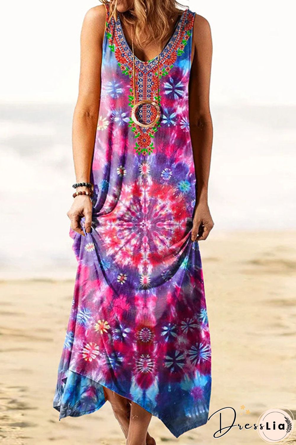 Fashion Vintage Print O Neck Irregular Dresses(4 Colors)