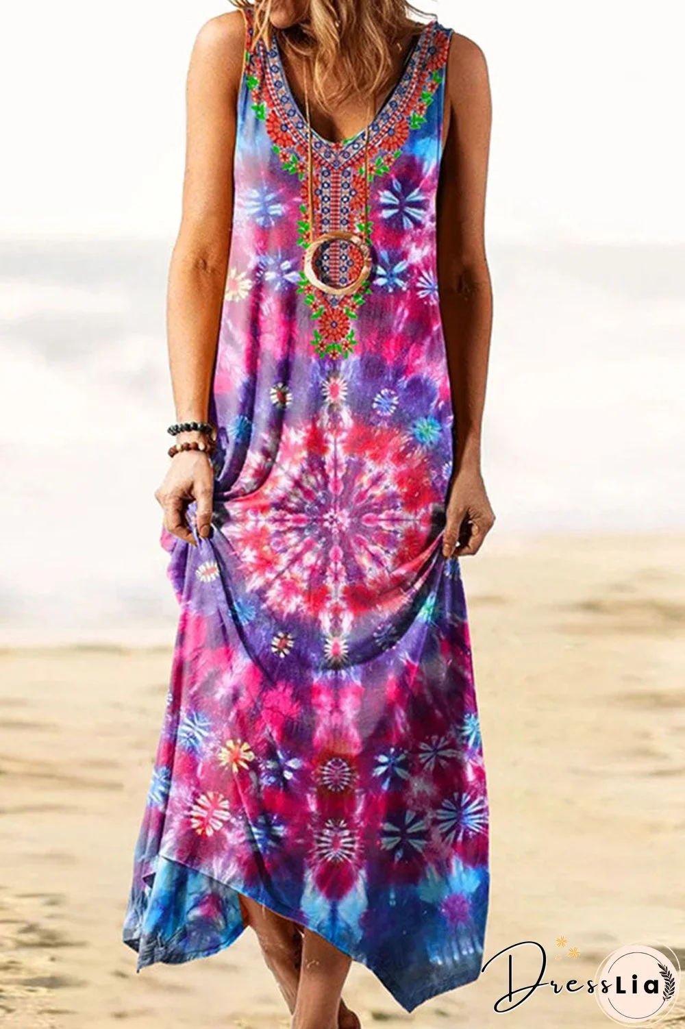 Fashion Vintage Print O Neck Irregular Dresses(4 Colors)